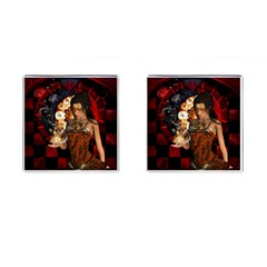 Steampunk, Beautiful Steampunk Lady With Clocks And Gears Cufflinks (square) by FantasyWorld7