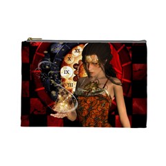 Steampunk, Beautiful Steampunk Lady With Clocks And Gears Cosmetic Bag (large)  by FantasyWorld7