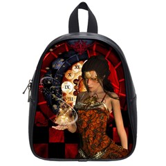 Steampunk, Beautiful Steampunk Lady With Clocks And Gears School Bag (small) by FantasyWorld7