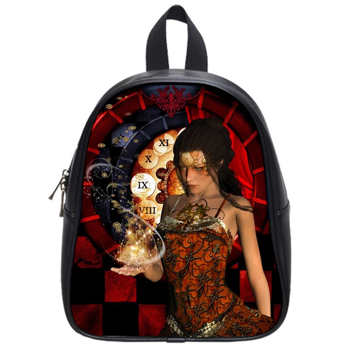 Steampunk, Beautiful Steampunk Lady With Clocks And Gears School Bag (Small)