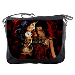 Steampunk, Beautiful Steampunk Lady With Clocks And Gears Messenger Bags by FantasyWorld7