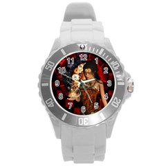 Steampunk, Beautiful Steampunk Lady With Clocks And Gears Round Plastic Sport Watch (l) by FantasyWorld7