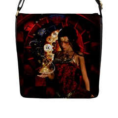 Steampunk, Beautiful Steampunk Lady With Clocks And Gears Flap Messenger Bag (l)  by FantasyWorld7