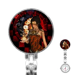 Steampunk, Beautiful Steampunk Lady With Clocks And Gears Stainless Steel Nurses Watch by FantasyWorld7