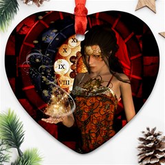 Steampunk, Beautiful Steampunk Lady With Clocks And Gears Ornament (heart) by FantasyWorld7