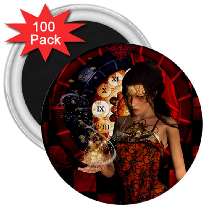 Steampunk, Beautiful Steampunk Lady With Clocks And Gears 3  Magnets (100 pack)