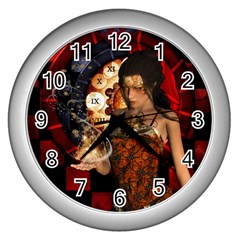 Steampunk, Beautiful Steampunk Lady With Clocks And Gears Wall Clocks (silver)  by FantasyWorld7