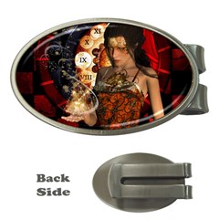 Steampunk, Beautiful Steampunk Lady With Clocks And Gears Money Clips (oval)  by FantasyWorld7