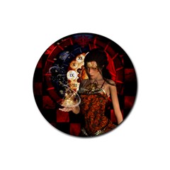 Steampunk, Beautiful Steampunk Lady With Clocks And Gears Rubber Coaster (round)  by FantasyWorld7