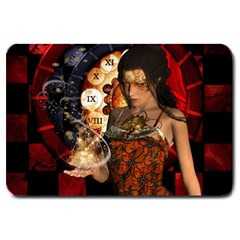 Steampunk, Beautiful Steampunk Lady With Clocks And Gears Large Doormat  by FantasyWorld7