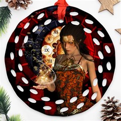 Steampunk, Beautiful Steampunk Lady With Clocks And Gears Ornament (round Filigree) by FantasyWorld7