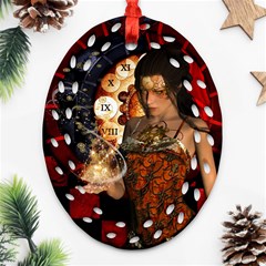 Steampunk, Beautiful Steampunk Lady With Clocks And Gears Ornament (oval Filigree) by FantasyWorld7