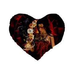 Steampunk, Beautiful Steampunk Lady With Clocks And Gears Standard 16  Premium Flano Heart Shape Cushions by FantasyWorld7