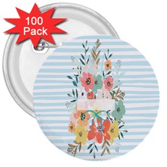 Watercolor Bouquet Floral White 3  Buttons (100 Pack)  by Nexatart