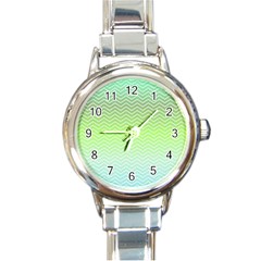 Green Line Zigzag Pattern Chevron Round Italian Charm Watch by Nexatart