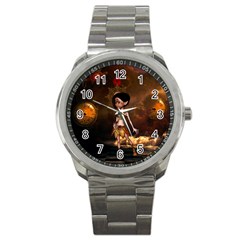 Steampunk, Cute Little Steampunk Girl In The Night With Clocks Sport Metal Watch by FantasyWorld7