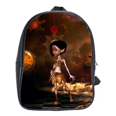 Steampunk, Cute Little Steampunk Girl In The Night With Clocks School Bag (large) by FantasyWorld7