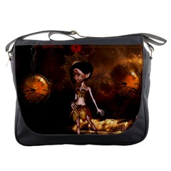 Steampunk, Cute Little Steampunk Girl In The Night With Clocks Messenger Bags by FantasyWorld7