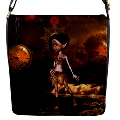 Steampunk, Cute Little Steampunk Girl In The Night With Clocks Flap Messenger Bag (s) by FantasyWorld7