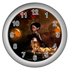 Steampunk, Cute Little Steampunk Girl In The Night With Clocks Wall Clocks (silver)  by FantasyWorld7