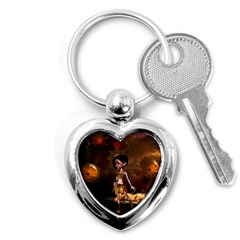 Steampunk, Cute Little Steampunk Girl In The Night With Clocks Key Chains (heart)  by FantasyWorld7