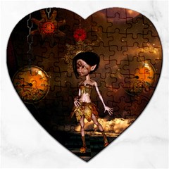 Steampunk, Cute Little Steampunk Girl In The Night With Clocks Jigsaw Puzzle (heart) by FantasyWorld7