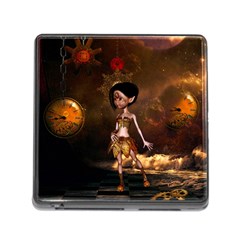 Steampunk, Cute Little Steampunk Girl In The Night With Clocks Memory Card Reader (square) by FantasyWorld7