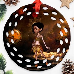 Steampunk, Cute Little Steampunk Girl In The Night With Clocks Ornament (round Filigree) by FantasyWorld7