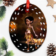 Steampunk, Cute Little Steampunk Girl In The Night With Clocks Oval Filigree Ornament (two Sides) by FantasyWorld7