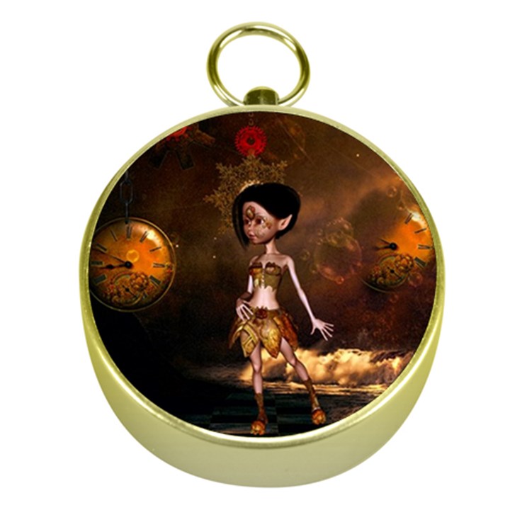 Steampunk, Cute Little Steampunk Girl In The Night With Clocks Gold Compasses