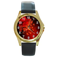 Cherry Blossom, Red Colors Round Gold Metal Watch by FantasyWorld7