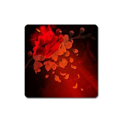 Cherry Blossom, Red Colors Square Magnet by FantasyWorld7