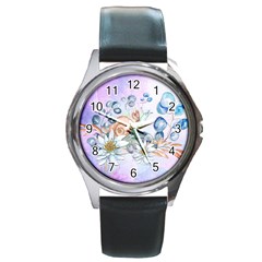 Snail And Waterlily, Watercolor Round Metal Watch by FantasyWorld7