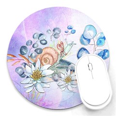 Snail And Waterlily, Watercolor Round Mousepads by FantasyWorld7