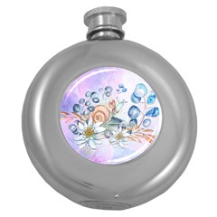 Snail And Waterlily, Watercolor Round Hip Flask (5 Oz) by FantasyWorld7