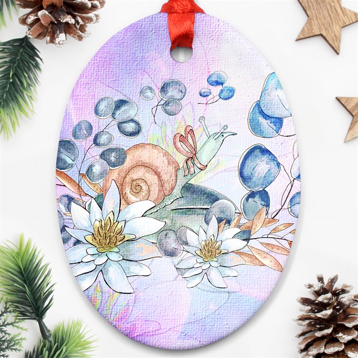 Snail And Waterlily, Watercolor Oval Ornament (Two Sides)