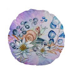 Snail And Waterlily, Watercolor Standard 15  Premium Round Cushions by FantasyWorld7