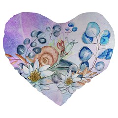 Snail And Waterlily, Watercolor Large 19  Premium Heart Shape Cushions by FantasyWorld7