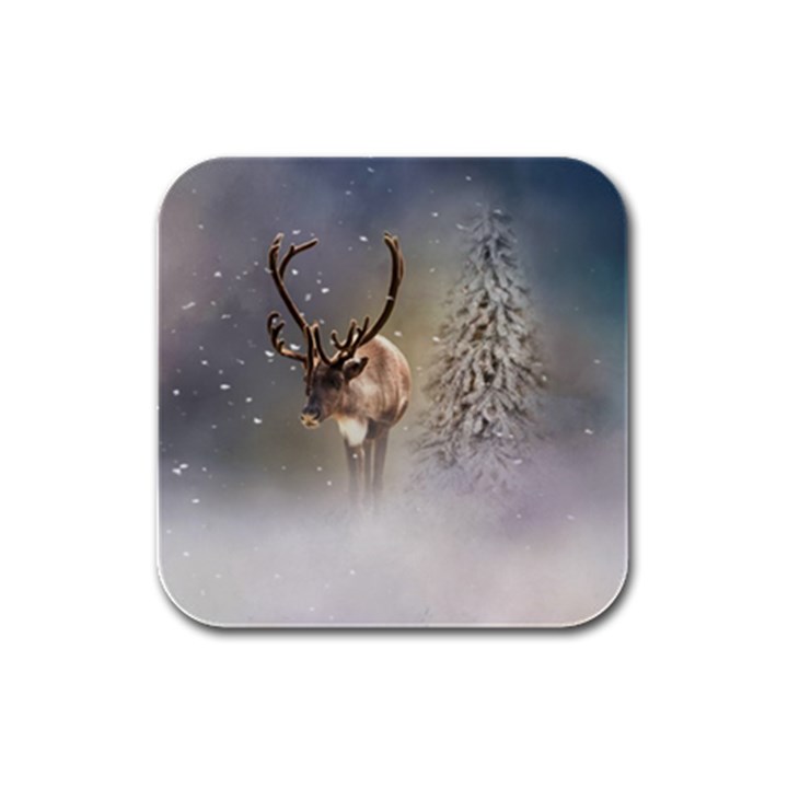 Santa Claus Reindeer In The Snow Rubber Square Coaster (4 pack) 