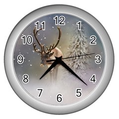 Santa Claus Reindeer In The Snow Wall Clocks (silver) 