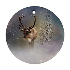 Santa Claus Reindeer In The Snow Round Ornament (two Sides)