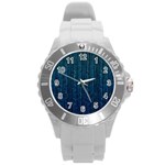 Stylish Abstract Blue Strips Round Plastic Sport Watch (L) Front