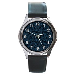 Blue Flower Glitter Look Round Metal Watch