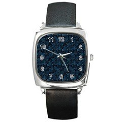 Blue Flower Glitter Look Square Metal Watch