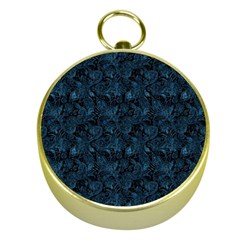 Blue Flower Glitter Look Gold Compasses