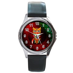 Cute Owl, Mandala Design Round Metal Watch by FantasyWorld7