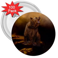 Roaring Grizzly Bear 3  Buttons (100 Pack) 