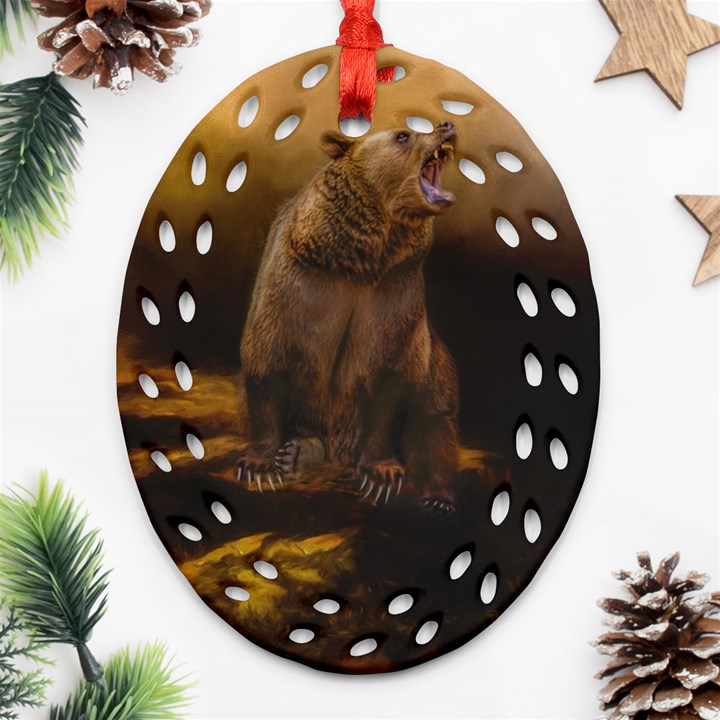 Roaring Grizzly Bear Ornament (Oval Filigree)