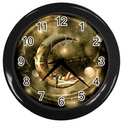 Steampunk Lady  In The Night With Moons Wall Clocks (black) by FantasyWorld7