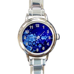 Floral Design, Cherry Blossom Blue Colors Round Italian Charm Watch by FantasyWorld7